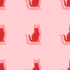 Seamless pattern of large isolated red cat icons. The elements are evenly spaced. Vector illustration on light red background