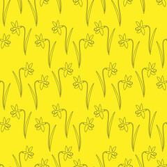 Seamless pattern black contour flowers daffodils on a yellow background, continuous line. Doodle vector illustration, background for packaging, textile, wallpaper