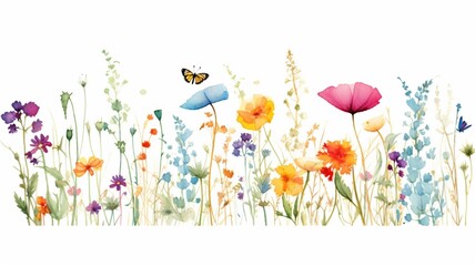 Hand drawn watercolor wild flowers with butterfly white background AI Generated art