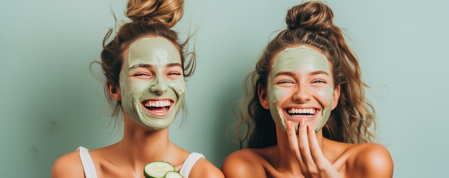 Two women enjoys a day in spa centrum. Applying facial  cucumber mask.  Close-up portrait. generative ai