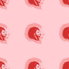 Seamless pattern of large isolated red lion head icons. The elements are evenly spaced. Vector illustration on light red background