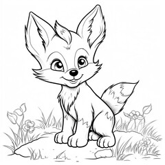 Happy fox cartoon outline drawing black and white illustration AI Generated image