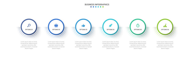 Timeline infographic with infochart. Modern presentation template with 6 spets for business process. Website template on white background for concept modern design. Horizontal layout.