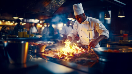 Chef is cooking on grill in restaurant or barbeque.