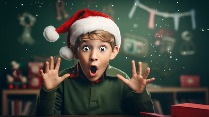 Lustiges Weihnachtsbild in der Schule, von einemen Jungen, der eine Weihnachtsmütze mit zwei Bommel trägt und ein witzig überraschtes Gesicht macht.  - obrazy, fototapety, plakaty