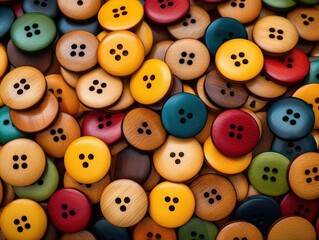 Background of colored wooden buttons of different sizes, buttons day background 