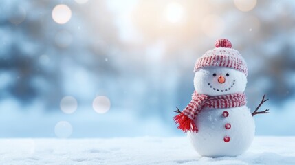 Fototapeta premium Snowman with winter hat and scarf on snowy bokeh background