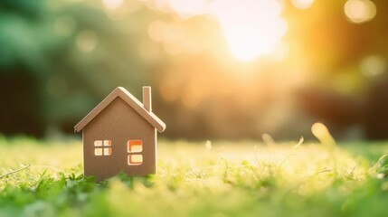 Copy space of home and life concept Small model home on green grass with sunlight abstract background 