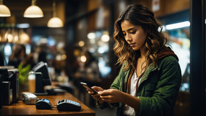 Young beautiful female holding a mobile device close to a POS machine in order to execute a contactless paying transaction. - obrazy, fototapety, plakaty