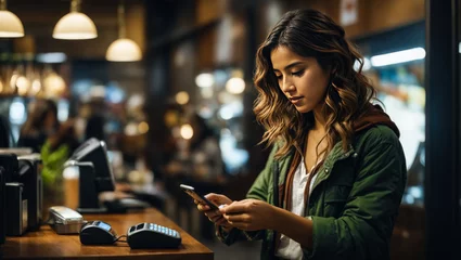 Foto op Plexiglas Young beautiful female holding a mobile device close to a POS machine in order to execute a contactless paying transaction. © bestravelvideo