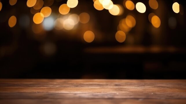 Empty wood table top on blur light gold bokeh of cafe restaurant in dark background 