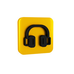Black Headphones icon isolated on transparent background. Earphones. Concept for listening to music, service, communication and operator. Yellow square button.