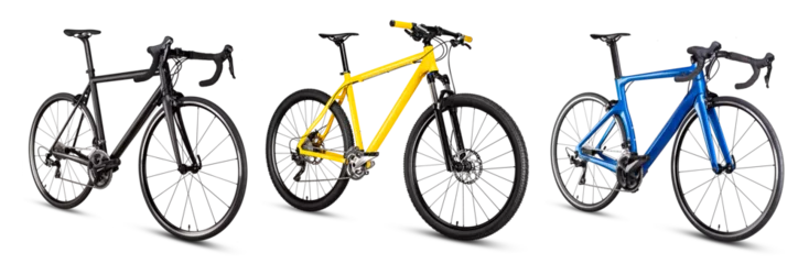 Foto op Aluminium set collectiom of various modern bicycle isolated white background. carbon racing road cycle and mountain bike individual sport and transportation concept. © stockphoto-graf