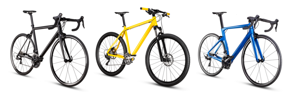 set collectiom of various modern bicycle isolated white background. carbon racing road cycle and mountain bike individual sport and transportation concept.