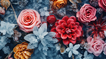 Background of frozen flowers in winter - obrazy, fototapety, plakaty