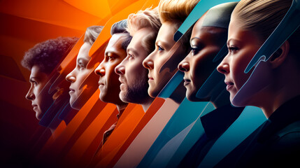 Obraz premium Group of people standing next to each other in front of orange and blue background.