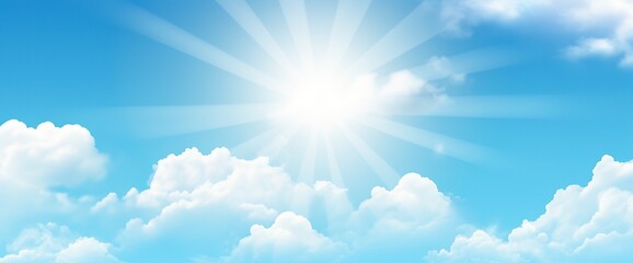 Naklejka na ściany i meble Sunny background, blue sky with white clouds and sun.
