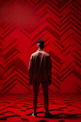 fashion studio shot of black man on red background, rapper or singer artist on stage