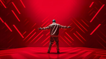 fashion studio shot of black man on red background, rapper or singer artist on stage - obrazy, fototapety, plakaty