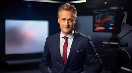 professional TV news presenter at television studio, anchorman broadcasting
