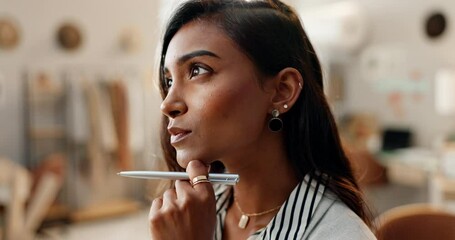 Thinking, remote work and business woman with idea and planning for entrepreneur job. Problem solving, home office and research with career solution and project information with doubt for report