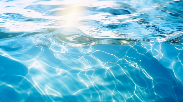 under and surface of a cool blue ocean pool water wave with sun fractured reflections  