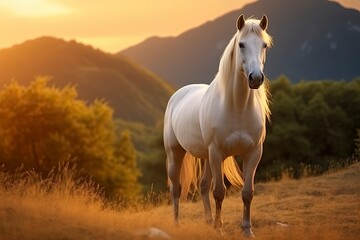 White horse or mare in the mountains at sunset.