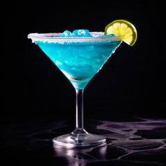 Blue Curacao cocktail garnished with lemon slice, in the style of bold color field
