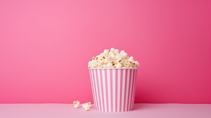 pink bucket of popcorn stands on a plain background, heart, romance, love, date, valentine's day, movie, food, day off, snack, fun, entertainment, pack, corn, film, cinema, card, symbol, sweet, salt