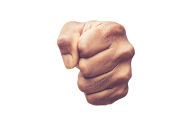 fist punching through the paper on white background