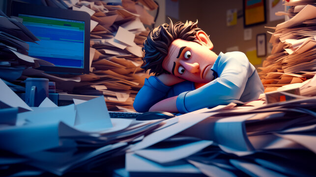 Man laying on top of pile of papers next to computer.