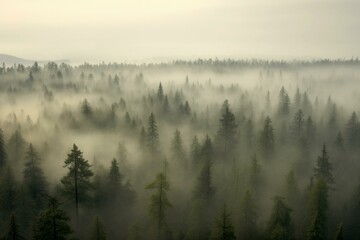 Foggy morning forest viewed from above. Generative AI