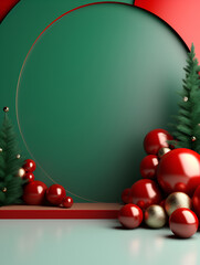 Fototapeta na wymiar Green and red Christmas mock up background with a podium, product presentation concept 