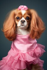 Portrait of a Cavalier King Charles Spaniel wearing a pink dress on a grey background ai generative