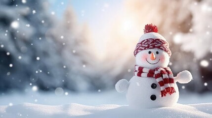 Panoramic view of happy snowman in winter secenery with copy space 