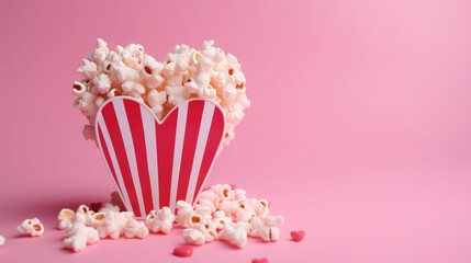 pink bucket of popcorn stands on a plain background, heart, romance, love, date, valentine's day, movie, food, day off, snack, fun, entertainment, pack, corn, film, cinema, card, symbol, sweet, salt - obrazy, fototapety, plakaty
