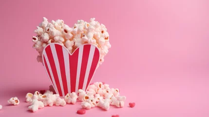 Fotobehang pink bucket of popcorn stands on a plain background, heart, romance, love, date, valentine's day, movie, food, day off, snack, fun, entertainment, pack, corn, film, cinema, card, symbol, sweet, salt © Julia Zarubina