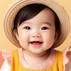 Portrait of happy asian baby in color clothing on color background. ai generative