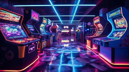 a retro arcade filled with pinball machines,