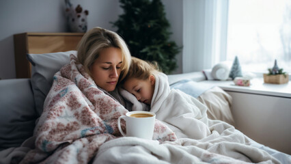 Cozy winter morning scene of mother and her sick daughter cuddled together in bed, wrapped in warm blankets with a cup of hot cacao nearby. Concept of maternal care, family support during sickness - obrazy, fototapety, plakaty