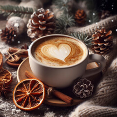 Obraz na płótnie Canvas winter background with coffee cup. ai generative