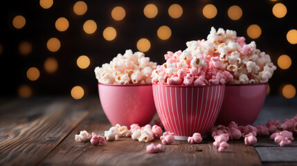 Fototapeta na wymiar pink bucket of popcorn stands on a plain background, heart, romance, love, date, valentine's day, movie, food, day off, snack, fun, entertainment, pack, corn, film, cinema, card, symbol, sweet, salt