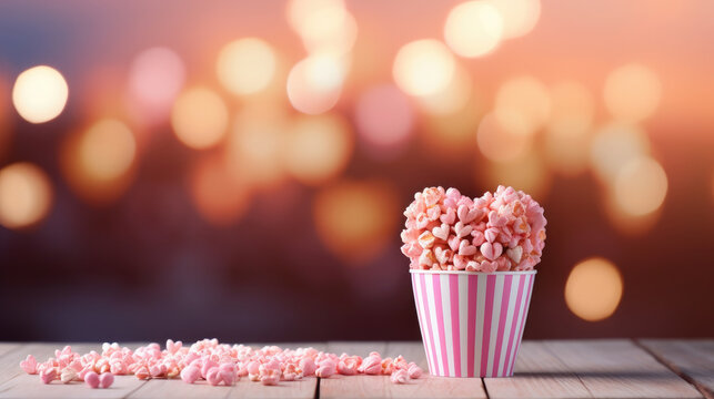 pink bucket of popcorn stands on a plain background, heart, romance, love, date, valentine's day, movie, food, day off, snack, fun, entertainment, pack, corn, film, cinema, card, symbol, sweet, salt