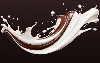 Wave of chocolate and milk professional, black background, for collage. Macro