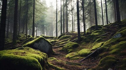 wilderness landscape forest with pine trees and moss on rocks 
