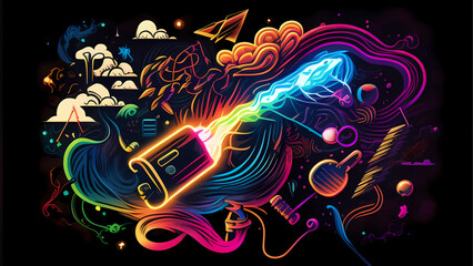 "Crazy neon illustration, whimsical characters and environment."