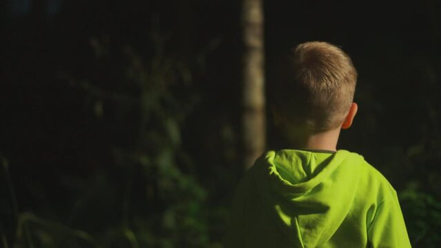 Cheerful little boy walks with family through forest enjoying weekend in nature. Kid in comfortable sportswear plays around and has fun in evening illuminated bushes