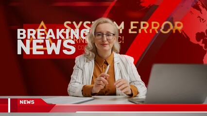 Confused anchorwoman presenting breaking news, hacked background, malfunction
