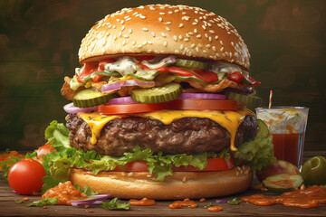 Big hamburger with french fries on wooden background. 3d rendering