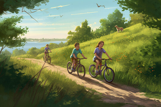 Cyclists on a trail in the mountains. Vector illustration.